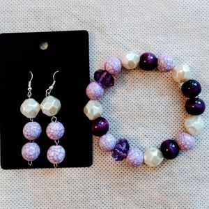 Purple, ivory bracelet and earrings set